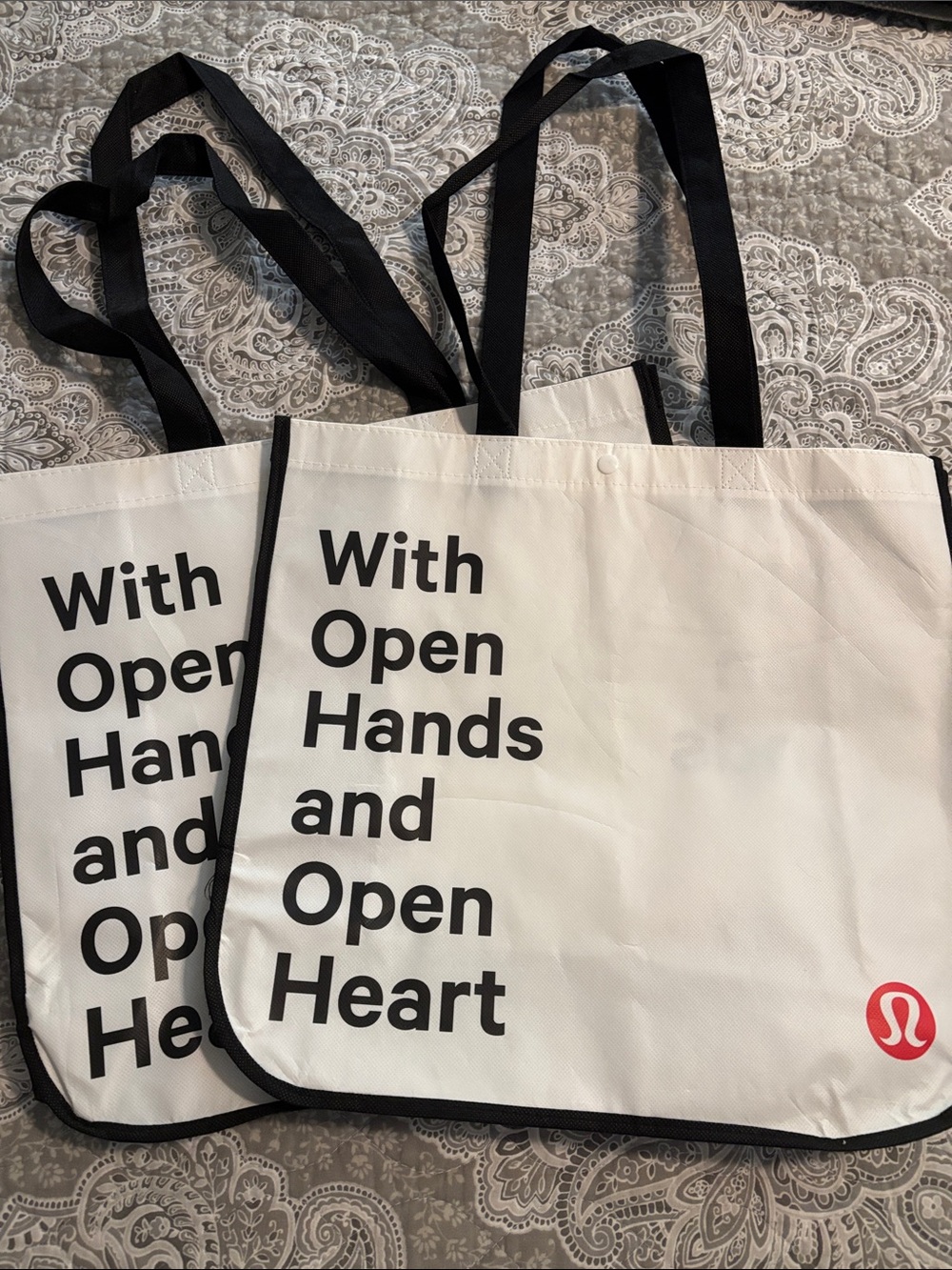 lululemon athletica White Tote with Black Handles and Black Text